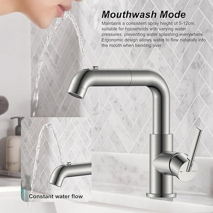 KENES Single Hole Bathroom Faucet with Pull Out Sprayer, Brushed Nickel Single Handle Pull Down Bathroom Faucets, Vanity Faucet with Pop Up Drain & Deck Plate, LJ-9055A