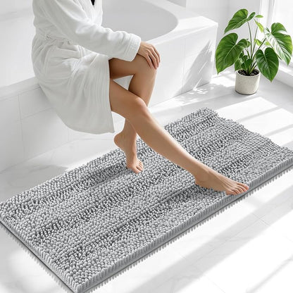 Smiry Thick Chenille Bathroom Runner Rugs 47x24, Soft Bath Mat, Light Grey | Quick‑Dry & Machine Washable, Non‑Slip Bath Carpet, Striped Bath Rugs for Tub & Shower, Modern Home Decor Accessories