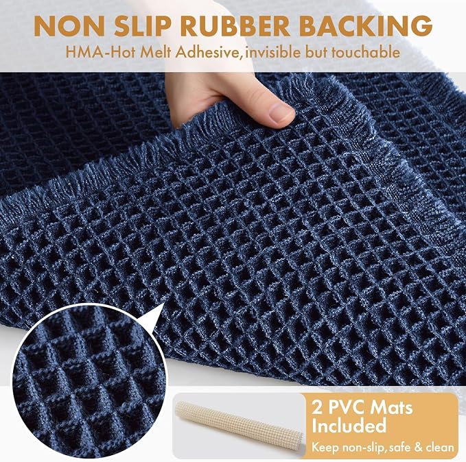 MIULEE Set of 2 Waffle Bathroom Rugs Boho Bath Mat Navy Blue 20x32 Inch | Non Slip, Super Absorbent, Washable, Ultra Soft, Rubber Backed Bath Rugs for Bathroom Floor Tub Shower