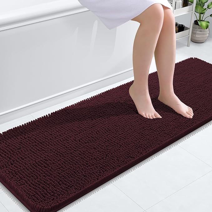 OLANLY Bathroom Runner Rugs 59x20, Extra Soft Absorbent Chenille Bath Rugs | Black Cherry, Quick-Drying Rubber Backing, Washable Long Bath Mat for Bathroom Floor, Tub and Shower, Home Decor Accessories