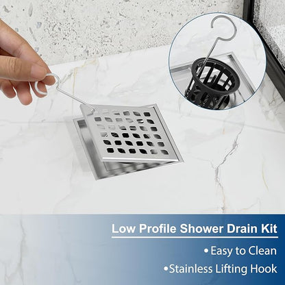Neodrain 4 in Brushed Square Shower Drain w/Removable Grate &Drain Key | 304 Stainless Steel Shower Drain, ABS Bonding Flange Base for Low Profile Shower Pan, CUPC Certified