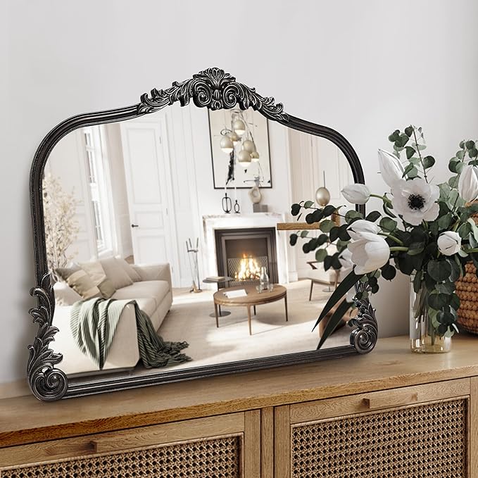 English Estate Carved Arch Wood Wall Mirror, Mirror for Entryway, Living Room, Bathroom, Distressed Black, 26x37