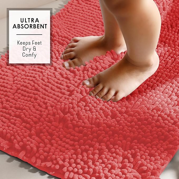 Hearth & Harbor Bathroom Rugs, Chenille Bath Mat - Machine Washable Bath Mats for Bathroom Non-Slip Backing Rubber, Quick Dry Bathroom Mat - Rose Bath Rug, 17x24