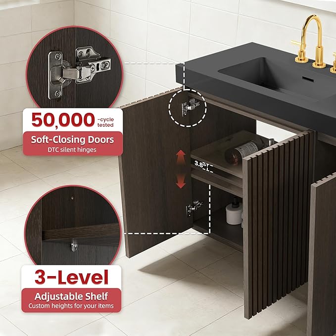 72" Bathroom Vanity with Double Sink, Freestanding Double Sink Bathroom Vanity with Black Engineered Stone Top, Open Storage Cabinet & Adjustable Shelf, 4 Soft-Closing Doors, Smoked Oak Brown