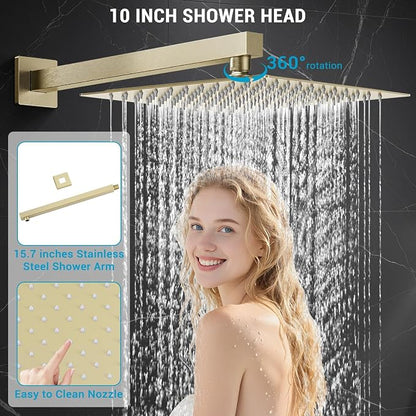 10" Square Rain Shower Faucet Set, Wall Mount, Brush Gold | 304 SS , air tech boosts pressure 50%, dual spray, anti-fingerprint