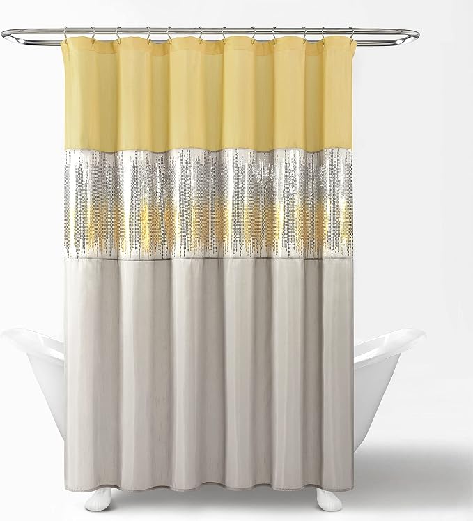 Lush Decor Night Sky Shower Curtain, Single, 72" W x 72" L, Yellow & Gray - Sequin Shower Curtain - Sparkly Color Block Bath Curtain - Modern Glam Bathroom Decor