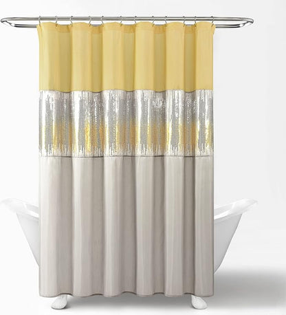 Lush Decor Night Sky Shower Curtain, Single, 72" W x 72" L, Yellow & Gray - Sequin Shower Curtain - Sparkly Color Block Bath Curtain - Modern Glam Bathroom Decor