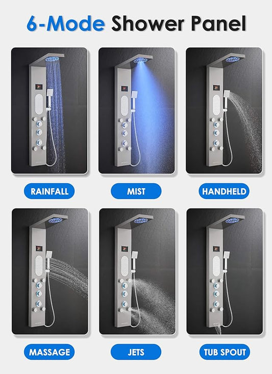 ROVOGO Shower Panel Tower System with Mist Rainfall Head, Body Jets, Handheld and Tub Spout, Hydroelectric Led Lights and Temp Display No Battery, Simultaneous Shower Column Stainless Steel, Brushed