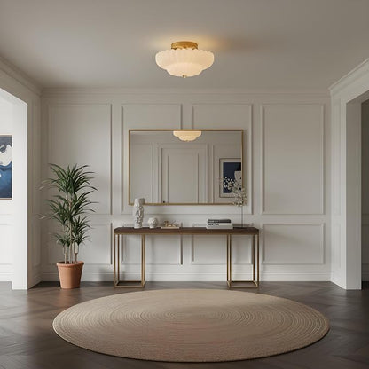 Glass Semi Flush Mount Ceiling Light Fixture,Gold,11.8 in,3-Lights | Milk White Frosted Glass,E26 Base,Support Dimmable,for Hallway,Bedroom,Bathroom,Entryway,Kitchen,Foyer,Closet,Laundry Room