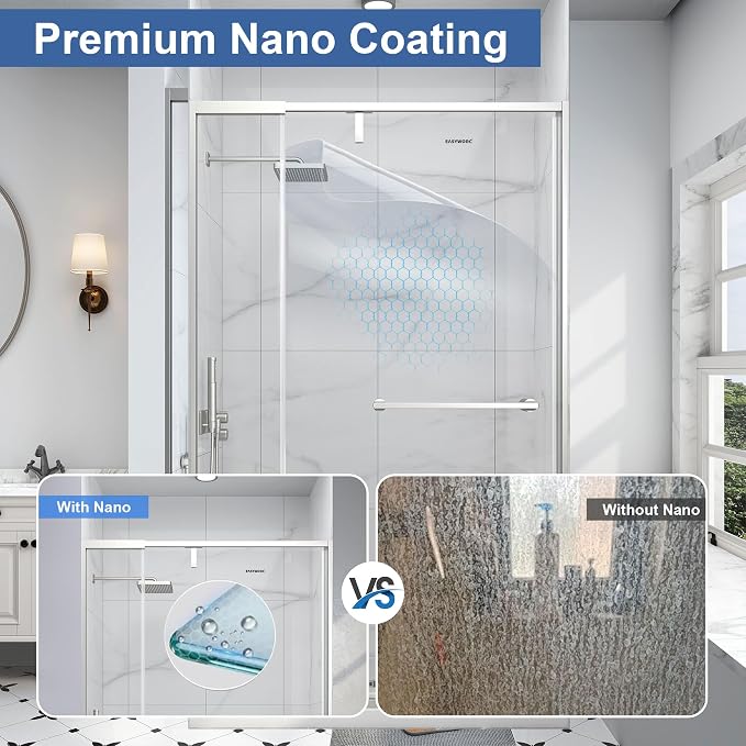 36-42" W x 72" H Semi Frameless Pivot Shower Door Brushed Nickel | 1/4"(6mm) SGCC Tempered Glass with Explosion-Proof Film &Nano Coating,Customizable Width