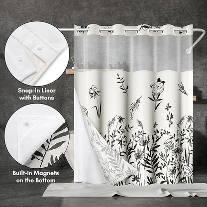 Americanflat 72x75 Hookless Shower Curtain - Water-Resistant Floral Shower Curtain with Sheer Panel, Snap-in Liner, and Grommets - 100% Polyester - Botanical Bathroom Curtains - Black and Ivory