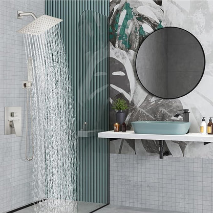 Midanya Shower Faucet Set,Wall Mount Shower System with Square Rain Shower Head and Hand Sprayer, Rough-in Valve Body and Trim Kit Included,8 Inch,Brushed Nickel
