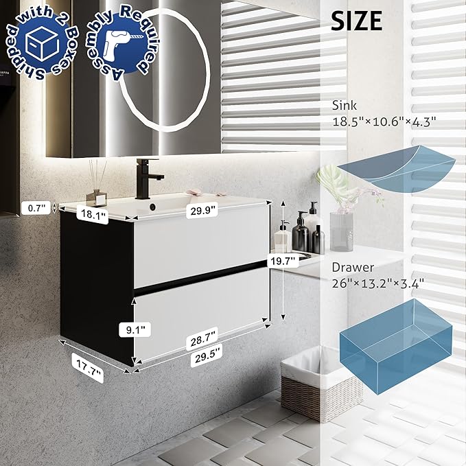 eclife 30" Bathroom Vanity Cabinet with Undermount Black Sink Combo, Wall Mounted Floating Bathroom Cabinet with Colors Mixed Style, 2 Big Drawers & Matte Black Faucet