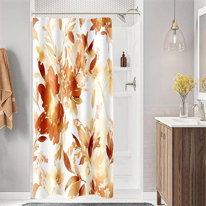 Small Stall Shower Curtain 36x72 Inch Half Narrow Size Orange Floral Decor | Burnt Orange Fall Modern Flower Fabric Bathroom Shower Curtain Set with Hooks