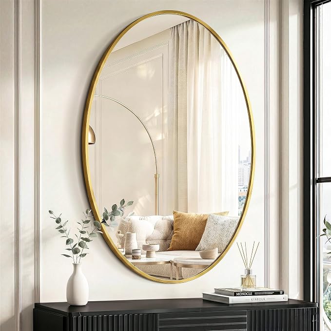 Oval Bathroom Mirror for Wall, 26"x38" Gold Bathroom Vanity Mirror | HD Shatterproof Glass, Metal Framed, Oval Vanity Mirrors for Bathroom, Bedroom, Living Room, Entryway, Horizontal or Vertical