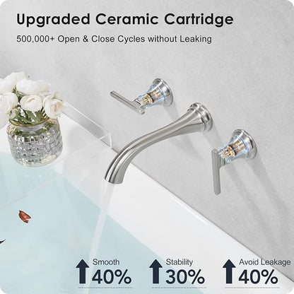 Brass Wall Mount Tub Filler, High Flow 8" Spout Reach Brushed Nickel Bathtub Faucet, 2 Handles Tub Faucets, Rough in Valve Included