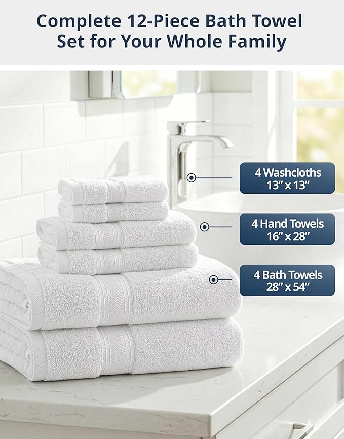 LANE LINEN Towel Set for Bathroom 12 Piece Soft Absorbent Quick Dry - White | Towels And Washcloths Sets - Oversized & Roomy, Lightweight & Breathable, Fade-Resistant Color, Classic Terry Weave
