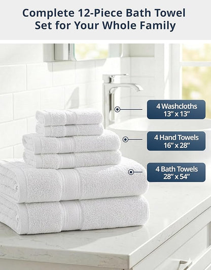 LANE LINEN Towel Set for Bathroom 12 Piece Soft Absorbent Quick Dry - White | Towels And Washcloths Sets - Oversized & Roomy, Lightweight & Breathable, Fade-Resistant Color, Classic Terry Weave