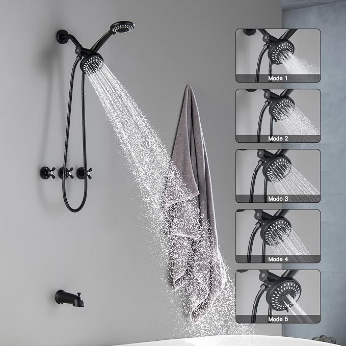 3 Handle Tub and Shower Faucet Set, Three Handle Shower Faucet with Tub Spout 3 Knob Bathtub Faucet Trim Kit with Valve, Matte Black