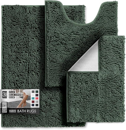 Hearth & Harbor Bathroom Rugs, Chenille Bath Mat - Machine Washable Bath Mats for Bathroom Non-Slip Backing Rubber, Quick Dry Mat - Hunter Green Bath Rug, 17x24-26x44-20x24