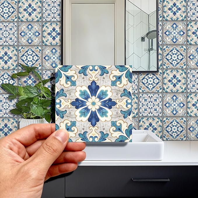 36pcs 4 Styles Blue-Gray Pattern Tile Stickers Retro Pattern Gray Wood Grain Waterproof PVC Tile Decals for Kitchen Bathroom 4x4 inch