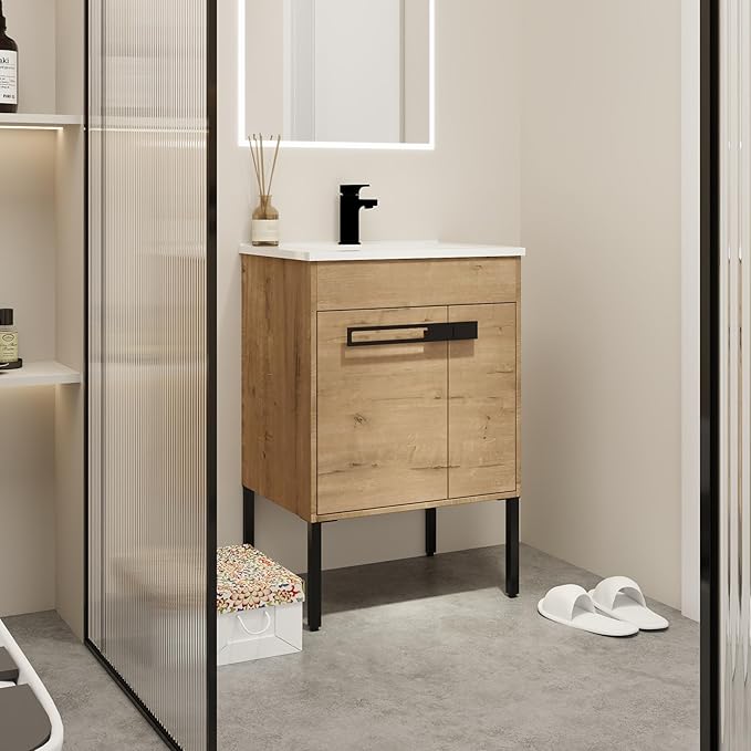 SSLine 2-in-1 Wall Mounted & Free Standing Bathroom Vanity with Sink Modern 24" Bathroom Vanity with Top Basin&Storage Cabinet Brown Oak Wood Bath Vanity w/Ceramic Sink for Small Space-Legs Removable