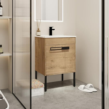 SSLine 2-in-1 Wall Mounted & Free Standing Bathroom Vanity with Sink Modern 24" Bathroom Vanity with Top Basin&Storage Cabinet Brown Oak Wood Bath Vanity w/Ceramic Sink for Small Space-Legs Removable