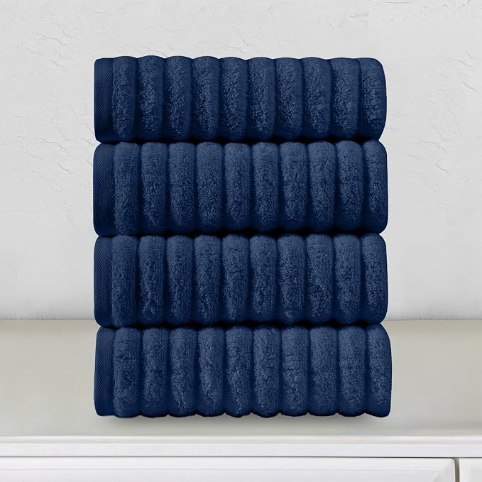 Elegant Comfort Luxury 100% Turkish Cotton Corduroy Ribbed 4 Pack Hand Towel Set 16 x 28 Inch - Absorbent, Super Soft, Quick Dry, Premium Towels for Bathroom, Gym, Spa and Hotel Use, Navy