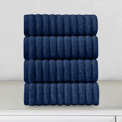 Elegant Comfort Luxury 100% Turkish Cotton Corduroy Ribbed 4 Pack Hand Towel Set 16 x 28 Inch - Absorbent, Super Soft, Quick Dry, Premium Towels for Bathroom, Gym, Spa and Hotel Use, Navy