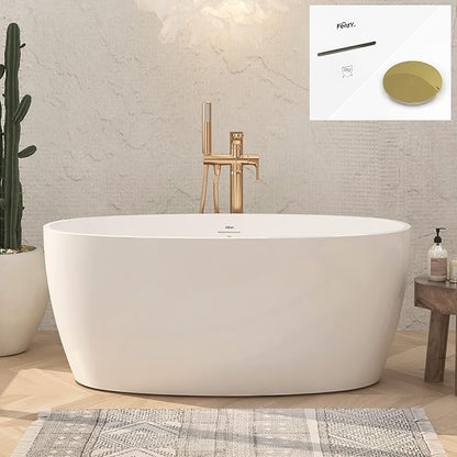 FerdY Tahiti 55" Acrylic Freestanding Bathtub, Elegant Oval Shape Soaking Bathtub, Glossy White, Brushed Gold Drain & Integrated Slotted Overflow Assembly Included cUPC Certified