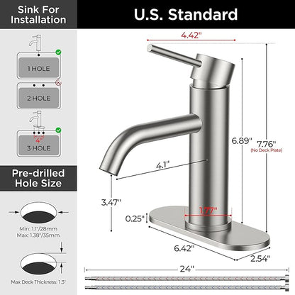 FORIOUS Bathroom Faucet 1 Hole, Single Handle Sink Faucets Brushed Nickel | for 1 or 3 Hole 4 Inch Centerset Sink, with Pop-up Drain, NSF61 Certified, for Vanity Rv Commercial Lavatory Restroom Basin