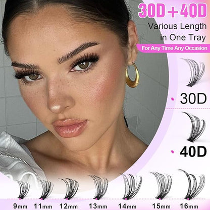 Lash Extension Kit DIY 280pcs Individual Lash Clusters Kit 30D 40D Cluster Eyelash Extensions Kit with Bond and Seal, Remover, Tweezers for Self Use (30D&40D, 9-16mm, All Kit)