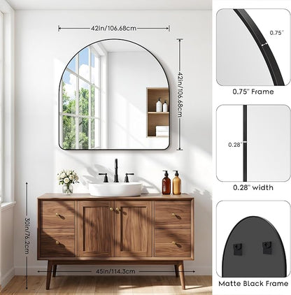 BONEWEI Arched Wall Mirror,42x42 inch Black Arched Mirror Bathroom,Large Vanity Mirror for Over Sink Metal Frame,Tempered Glass Arch Mirrors for Bedroom,Entryway,Living Room,Home Decor Shatter-Proof