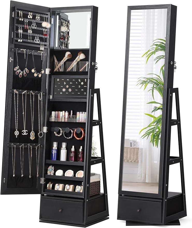 Nicetree 360° Swivel Jewelry Cabinet with Lights, Full Length Mirror, Black | Standing Mirror Jewelry Cabinet, Lockable Mirror with Storage, Lighted Interior Mirror, Rear Shelves, Flip-over Shelf