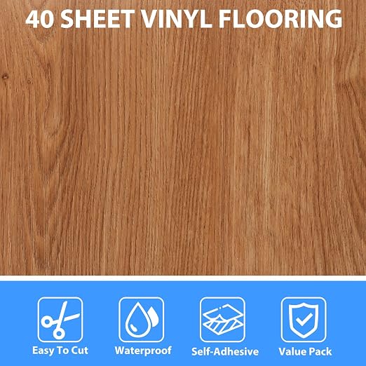 40 Sheet Vinyl Flooring 12x12 Inch Peel and Stick Floor Tile Waterproof Wood Grain Flooring Tile Clearance Self Adhesive Vinyl Floor Tiles Sticky Laminate Flooring Stick on Bathroom Kitchen RV