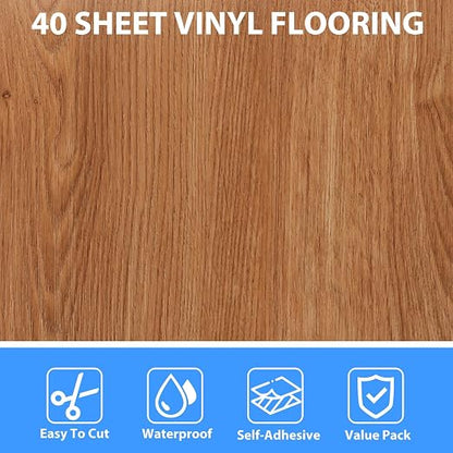 40 Sheet Vinyl Flooring 12x12 Inch Peel and Stick Floor Tile Waterproof Wood Grain Flooring Tile Clearance Self Adhesive Vinyl Floor Tiles Sticky Laminate Flooring Stick on Bathroom Kitchen RV
