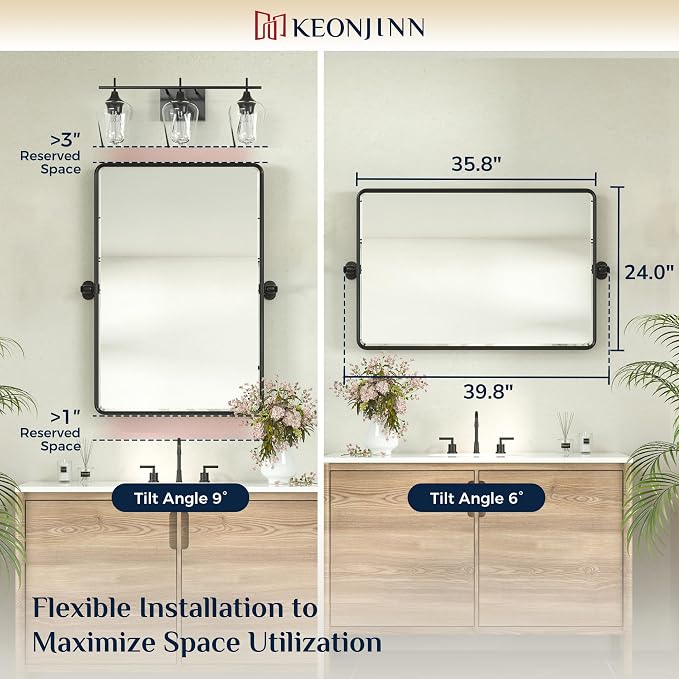 Keonjinn 24x36 Inch Black Povit Mirror for Bathroom, Tilt Mirror | Tenmpered Glass, Rectangle, Adjustable Bathroom Mirrors for Over Sink, Farmhouse, Metal Framed, Horizontal/Vertical