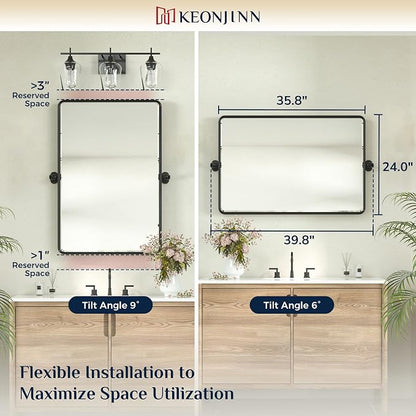 Keonjinn 24x36 Inch Black Povit Mirror for Bathroom, Tilt Mirror | Tenmpered Glass, Rectangle, Adjustable Bathroom Mirrors for Over Sink, Farmhouse, Metal Framed, Horizontal/Vertical