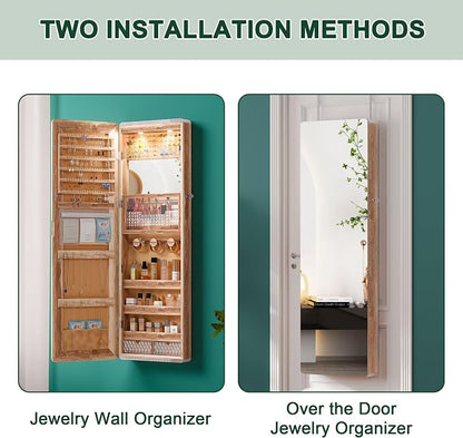 HNEBC Over the Door Jewelry Organizer with LED Lights, 47.2" Full Length Mirror with Storage, Wall Mounted Jewelry Armoire, Hanging Mirror with 2 Drawers,Lokable,3 Shelves(Wood)