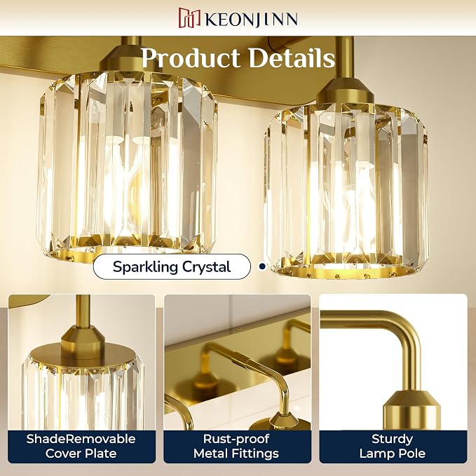 Keonjinn 3-Light Gold Bathroom Light Fixtures Over Mirror, Crystal | Vanity Lighting Fixture with Square Shades, Dimmable, Vintage Style, Compatible with E26 Base LED Bulbs (Blub Not Included)