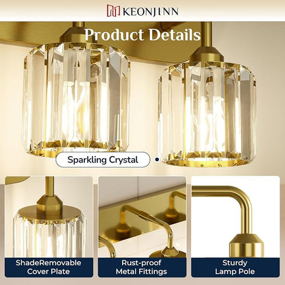 Keonjinn 3-Light Gold Bathroom Light Fixtures Over Mirror, Crystal | Vanity Lighting Fixture with Square Shades, Dimmable, Vintage Style, Compatible with E26 Base LED Bulbs (Blub Not Included)