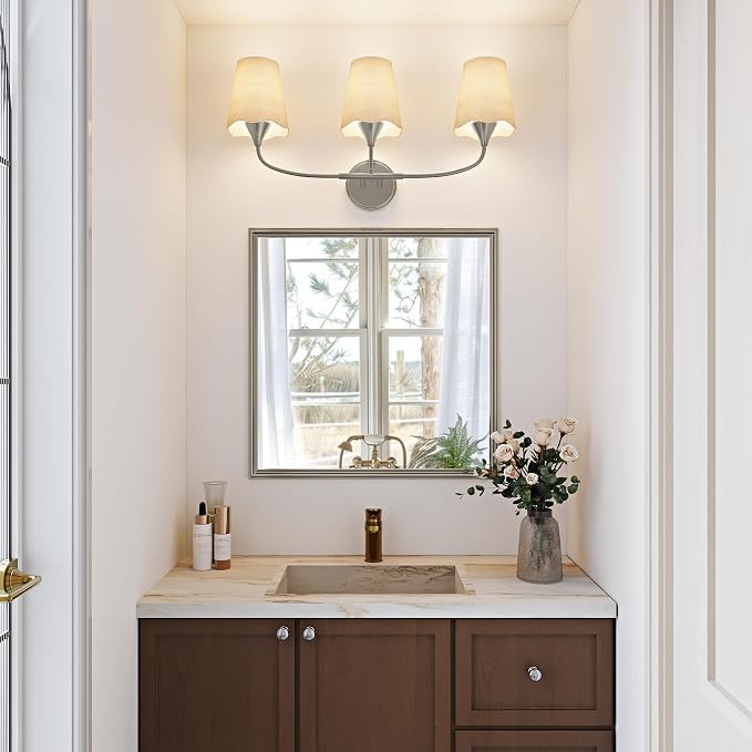 Morauroral Bathroom Light Fixtures Over Mirror, 3 Light Vanity Light for Bathroom, Brushed Nickel Vanity Light Fixtures with Fabric Linen Shade, E26 Socket Sconce Wall Decor(ETL Listed)