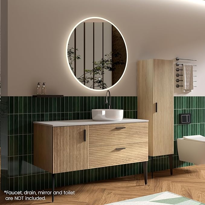 48" Bathroom Vanity with Sink and Side Cabinet Combo Set, Modern Bathroom Cabinet with Ceramic Vessel Sink, Engineered Stone Top, Soft-Closing Drawers & Door, Natural Oak