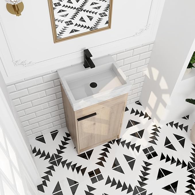 18'' Freestanding Bathroom Vanity with Sink, 18 Inch Floor Mount Single Sink Bathroom Vanities Set, Modern Bathroom Cabinet, with Soft Closing Door, Imitative Oak