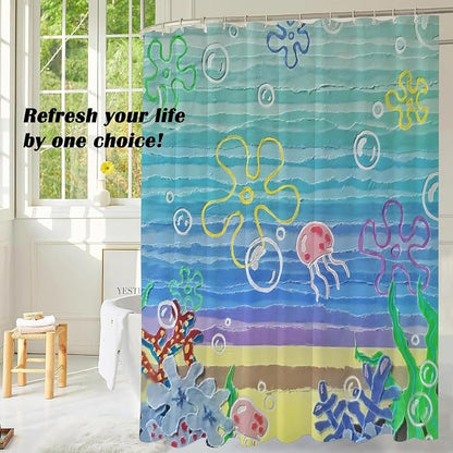 Cute Beach Ocean Anime Under Sea Jellyfish Shower Curtain Set 72x72 Inches | Ocean Jellyfish Coral Under Sea Print, Beach Apartment Kids Guest Housewarming Ocean Lover Bath Decor, With Fabric Hooks