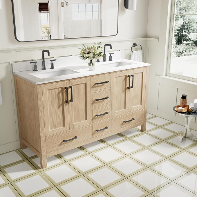 60-Inch Bathroom Vanity with Sink, 4 Soft-Close Doors and 6 Soft-Close Drawers, Bathroom Freestanding Vanity with Cultured Marble Countertop, Oak Vanity with Matte Black Handles