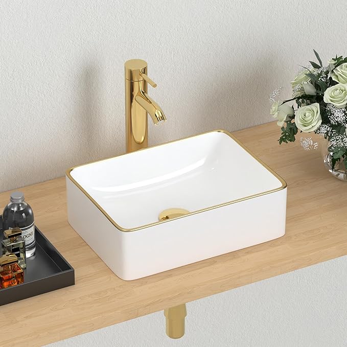 J-FAMILY 14.5'' x 10.6'' Small Vessel Sink Bathroom Above Counter White Porcelain Ceramic Rectangular Sink Bowl Gold Trim Decoration Small Vanity Sink Lavatory Wash Basin