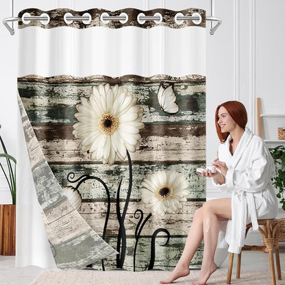 No Hook Shower Curtain with Snap in Liner 71x86 Inch Wood Flower | Vintage Daisy Boards Modern Double Layers Waterproof Fabric with See Through Top Window Open Grommet Bath Curtain