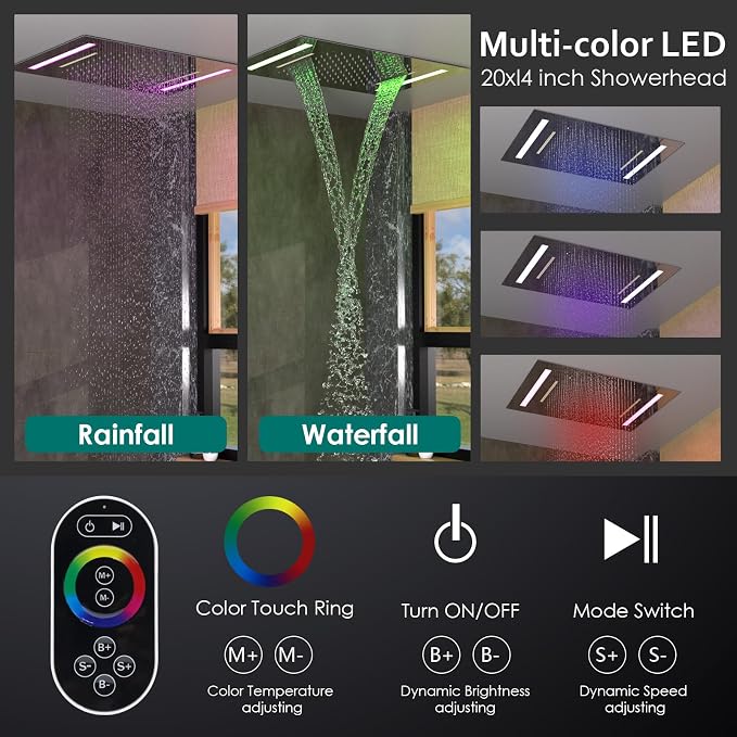 LED Spa Shower System Rainfall Waterfall with Handheld, Chrome | 20x14-Inch Luxury 2 Modes Showerhead with Ligh t Remote Control, 3 Way Mixer Valve