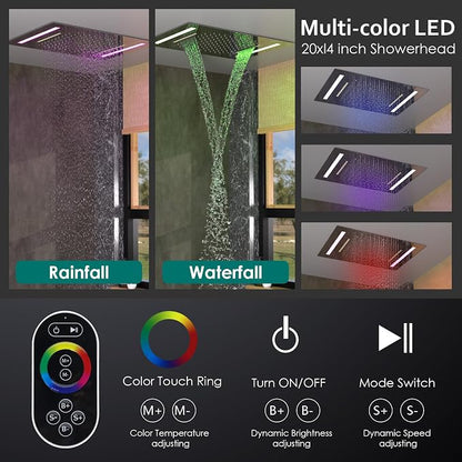 LED Spa Shower System Rainfall Waterfall with Handheld, Chrome | 20x14-Inch Luxury 2 Modes Showerhead with Ligh t Remote Control, 3 Way Mixer Valve